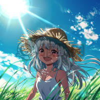 晴空草地上，草帽女孩望远景