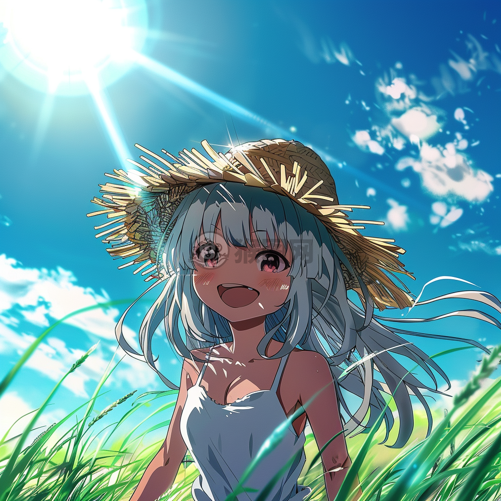 晴空草地上，草帽女孩望远景