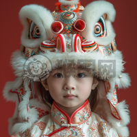 三岁中国儿童头戴舞狮服装超高清图像。