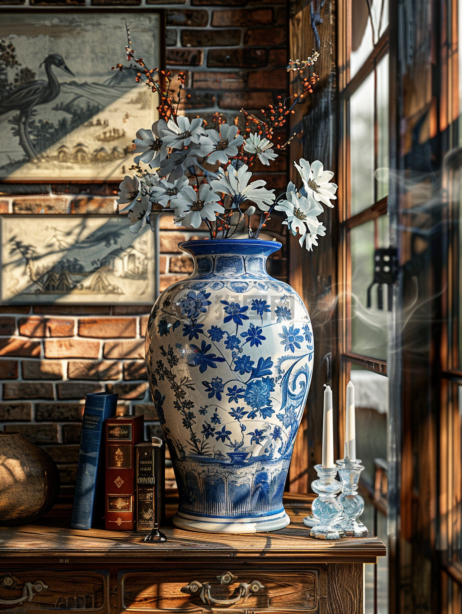 瓷花瓶镶嵌法国栎木橱窗前中景肖像画真迹表现温暖色调柔和光调3D图像照明高动态范围展览现场高清风格简介文案。