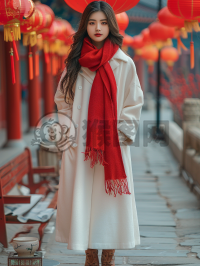 春节华灯照京城，白袍红巾女青春。