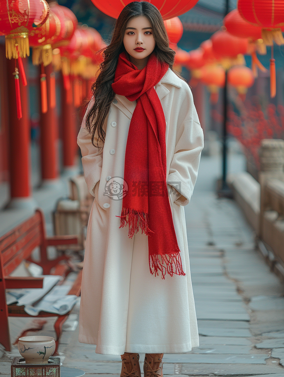 春节华灯照京城，白袍红巾女青春。