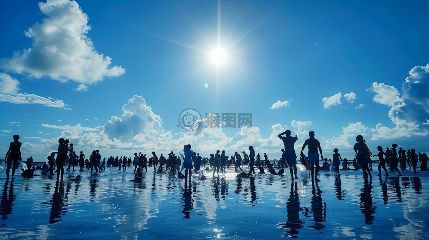 夏日阳光洒海滩，游客戏水乐无穷