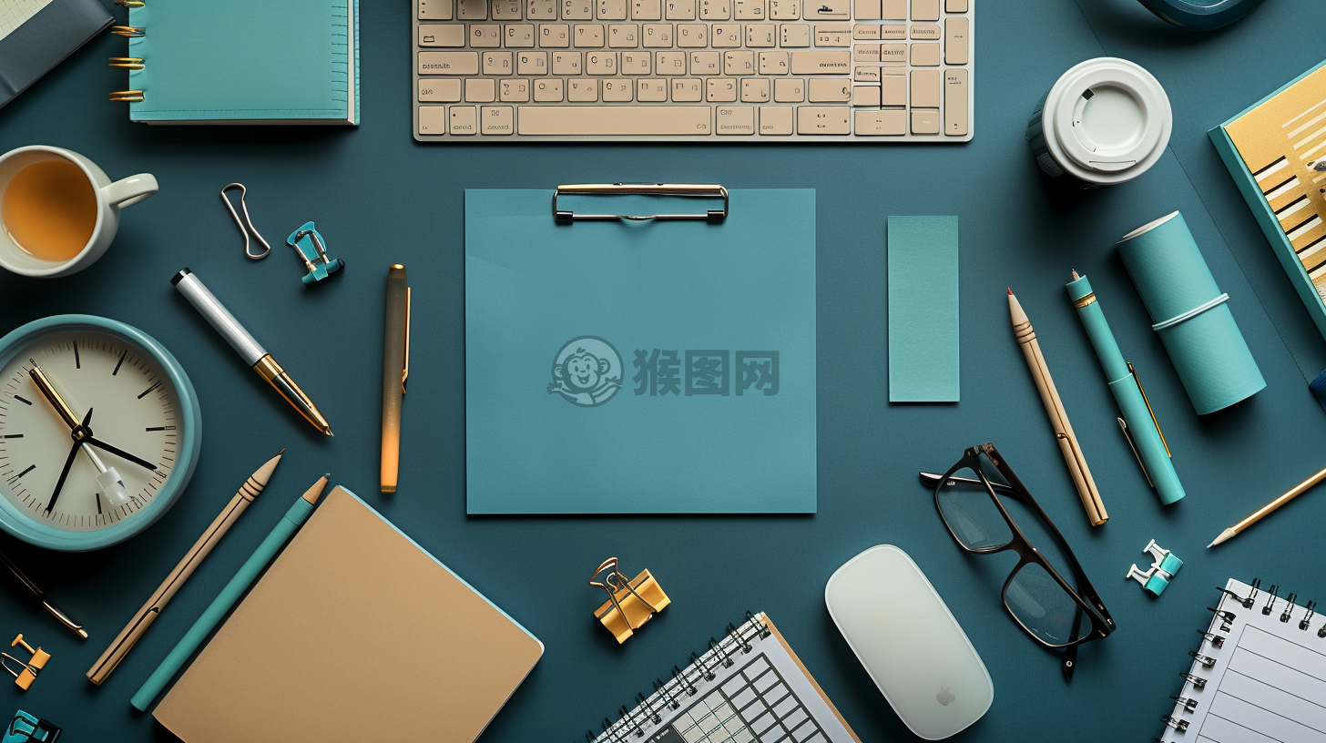 深海蓝与米色办公桌面平面布置的办公用品风格