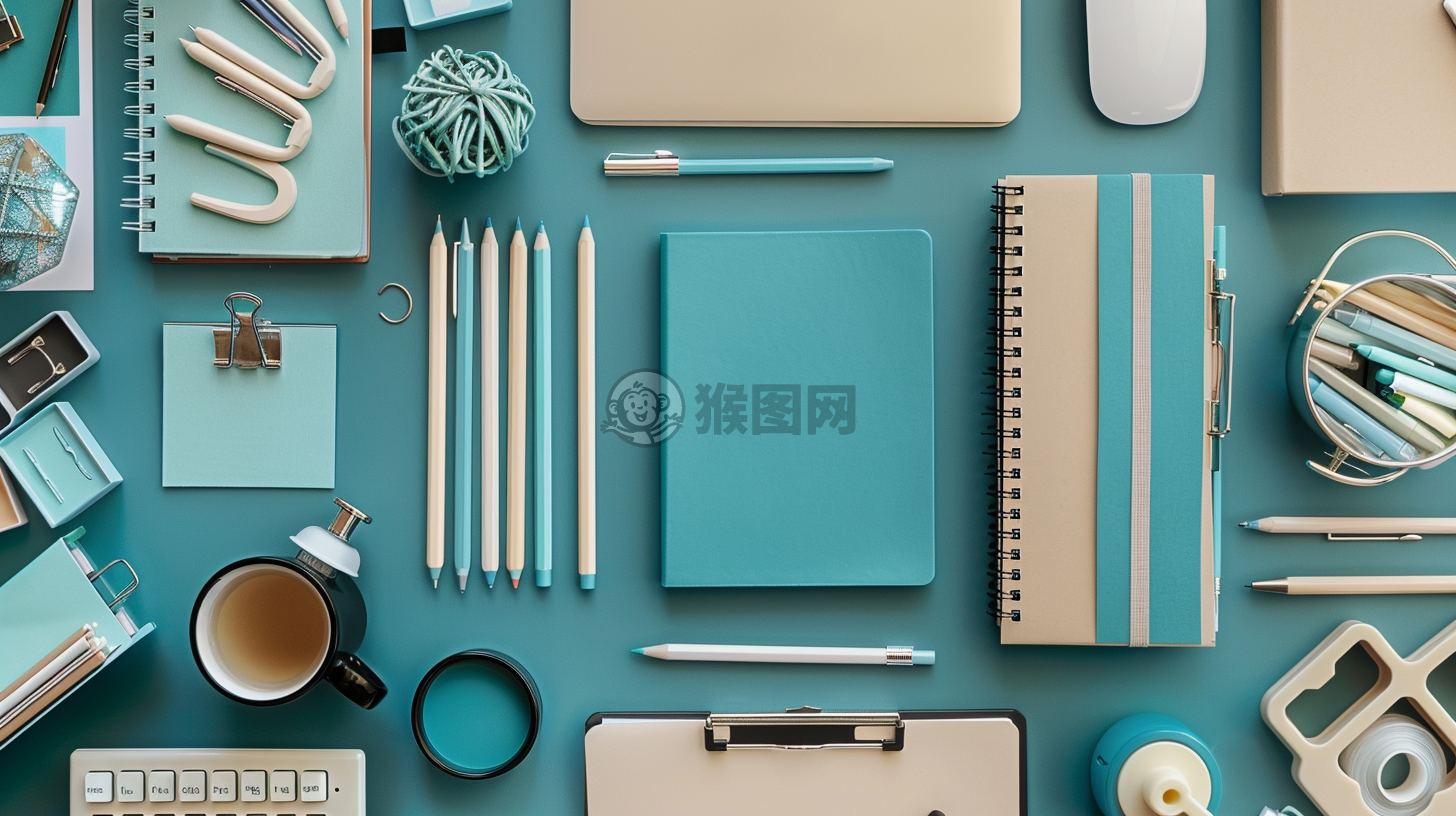 深海蓝与米色办公环境平铺设计