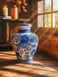 瓷花瓶与法国胡桃木橱柜前景中景写实摄影作品，自然光柔和色调，HDR高动态渲染。