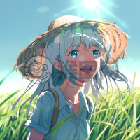 草绿阳光蓝天动漫女孩远望