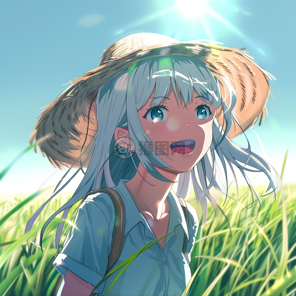 草绿阳光蓝天动漫女孩远望