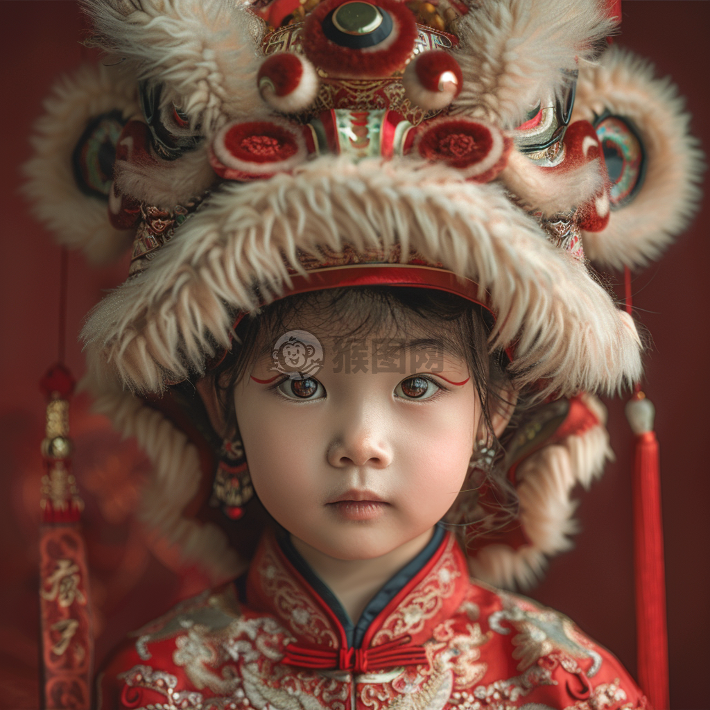 中国童真舞狮，色彩斑斓超清细节。