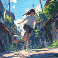 街头青春，绿茵球场——吉卜力风格亚洲少女足球比赛