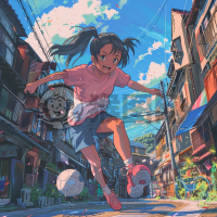 《街头青春女孩，挥洒足球激情，宛如宫崎骏动画》