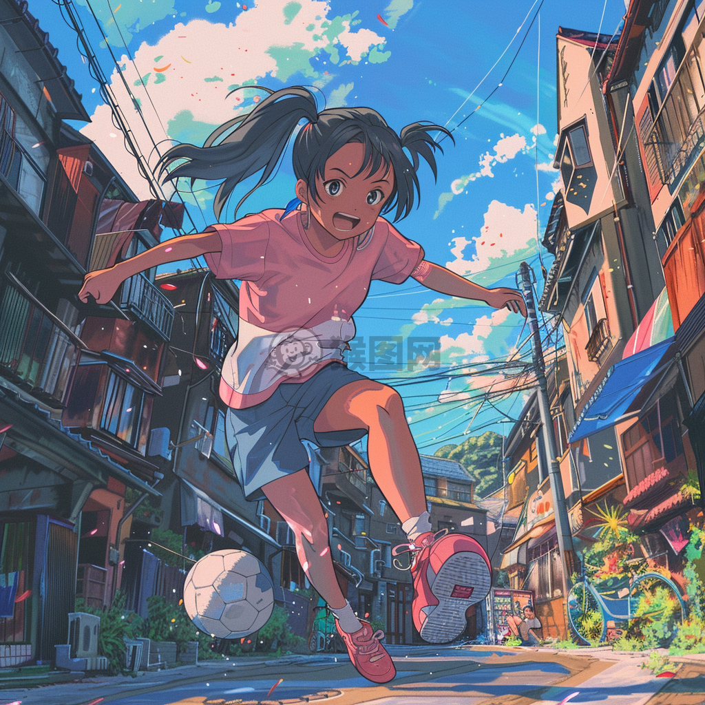 《街头青春女孩，挥洒足球激情，宛如宫崎骏动画》