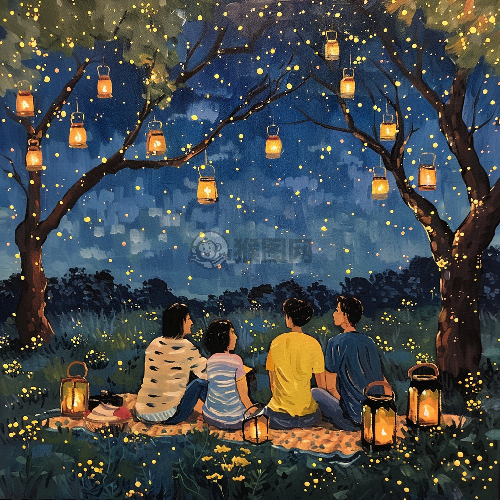 静谧夏日夜景星夜草坪谈笑。