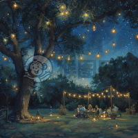 静谧夏日夜景星夜草坪谈笑。