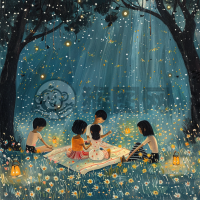 静谧夏日夜景星夜草坪谈笑。