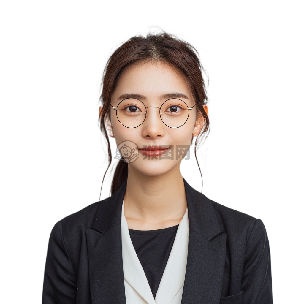 现代20岁中国女子职业范儿眼镜笑脸正脸对称脸的照片四K高清美女眼镜微笑职业正脸照。