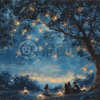 静谧夏日夜景星夜草坪谈笑。