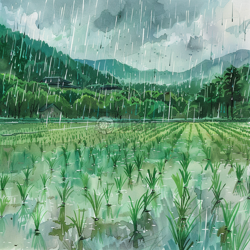 中部稻田：雨滴滋润新生稻苗的美景