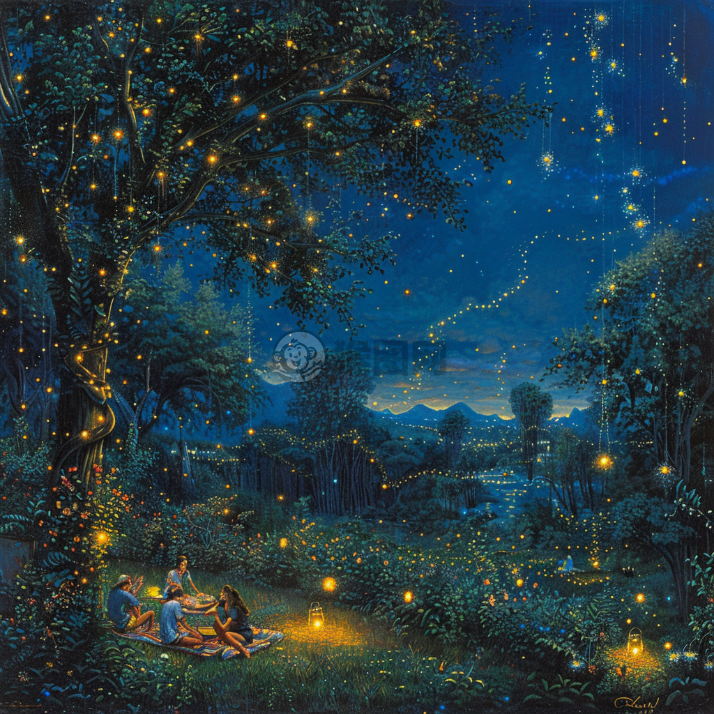 静谧夏日夜景星夜草坪谈笑。