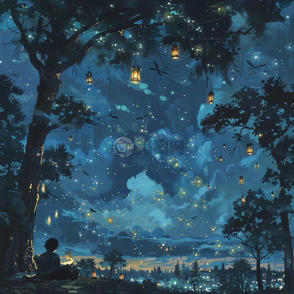 静谧夏日夜景星夜草坪谈笑。