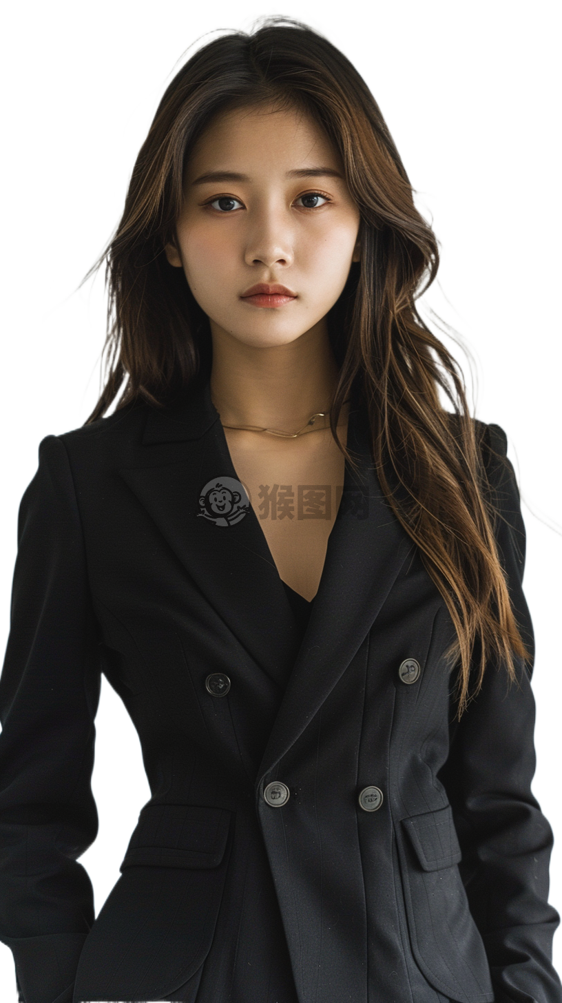 年轻亚裔商界女精英着黑西装裙，以轻盈展现干练之美。