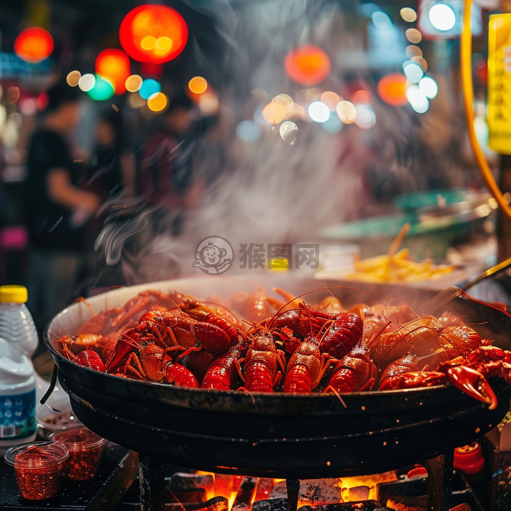 热闹夜市炭火麻辣小龙虾