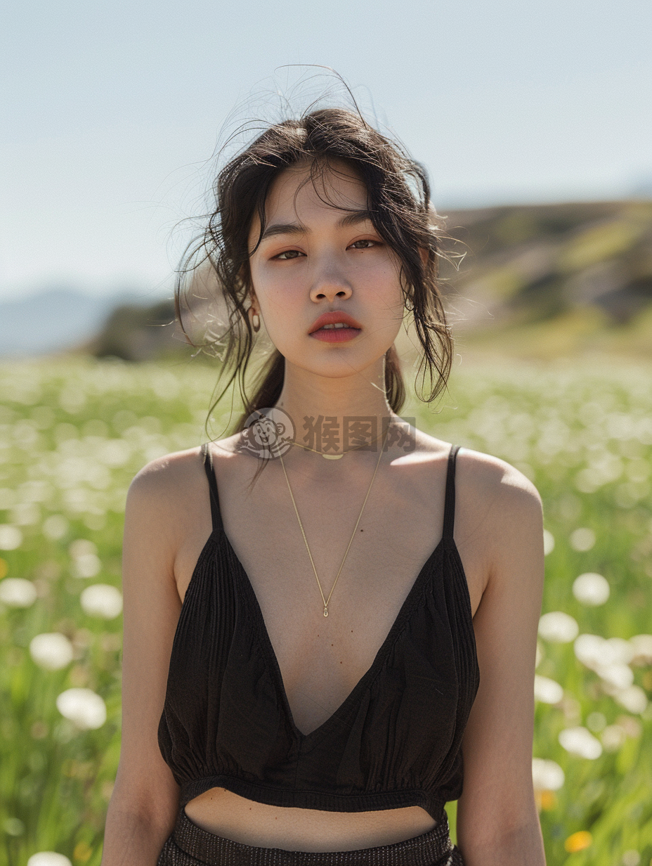 山清水秀中的亚洲女模特。