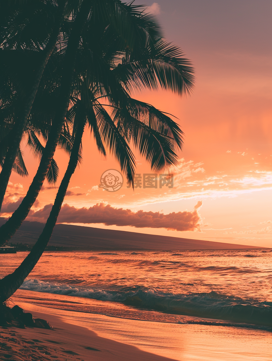 热带日落海滩美景，宁静致远，心旷神怡。