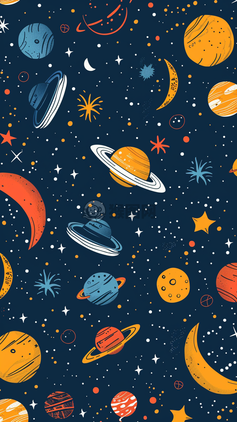 星际流星月夜科幻绘图风格平面简约设计主题：宇宙的浪漫交响