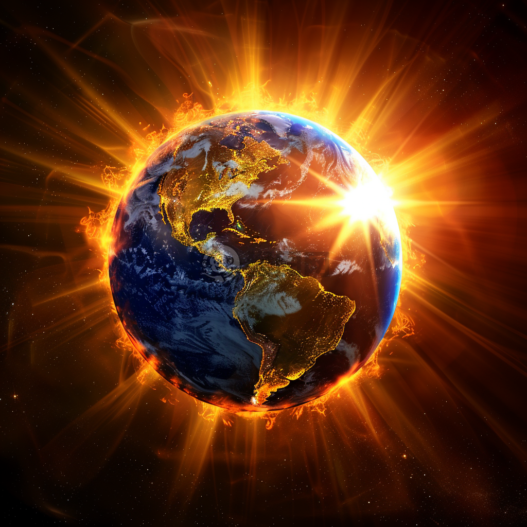 地球与太阳，整体可见地球，四周环绕星辰