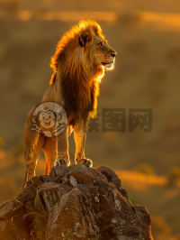 非洲雄狮高傲矗立于岩石顶点照相图片，日落余晖映射其威武外貌。