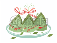 卡通粽子卡通风格简洁，矢量插图绿色粽子带红色绸带可爱的笑脸 端午节特色食品文化风格的高分辨率图片