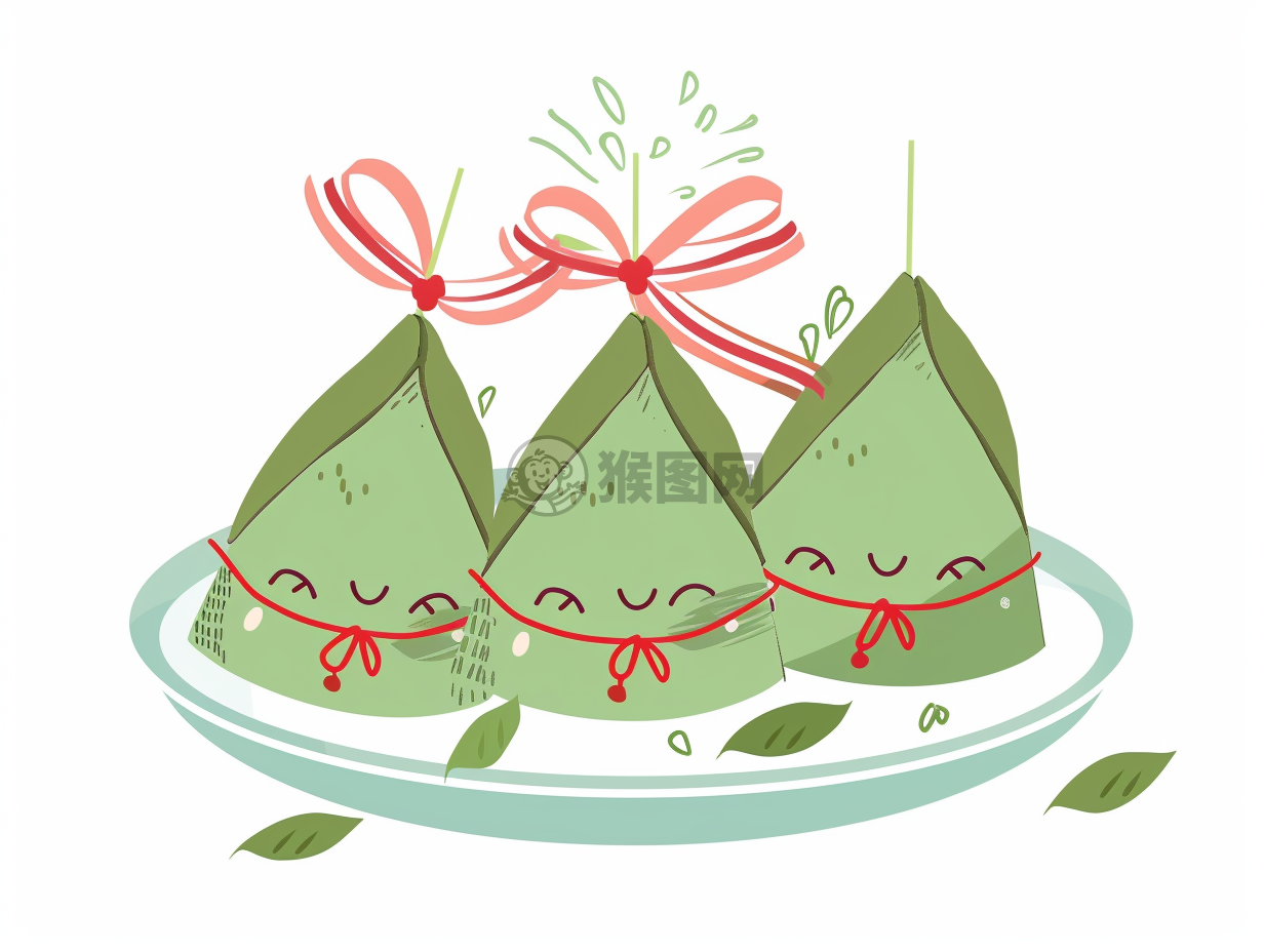 卡通粽子卡通风格简洁，矢量插图绿色粽子带红色绸带可爱的笑脸 端午节特色食品文化风格的高分辨率图片