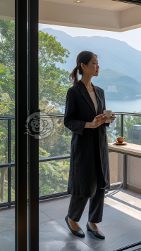 现代阳台看湖，夏日悠闲品咖
