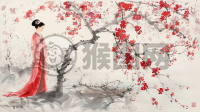 女子花下静美图
