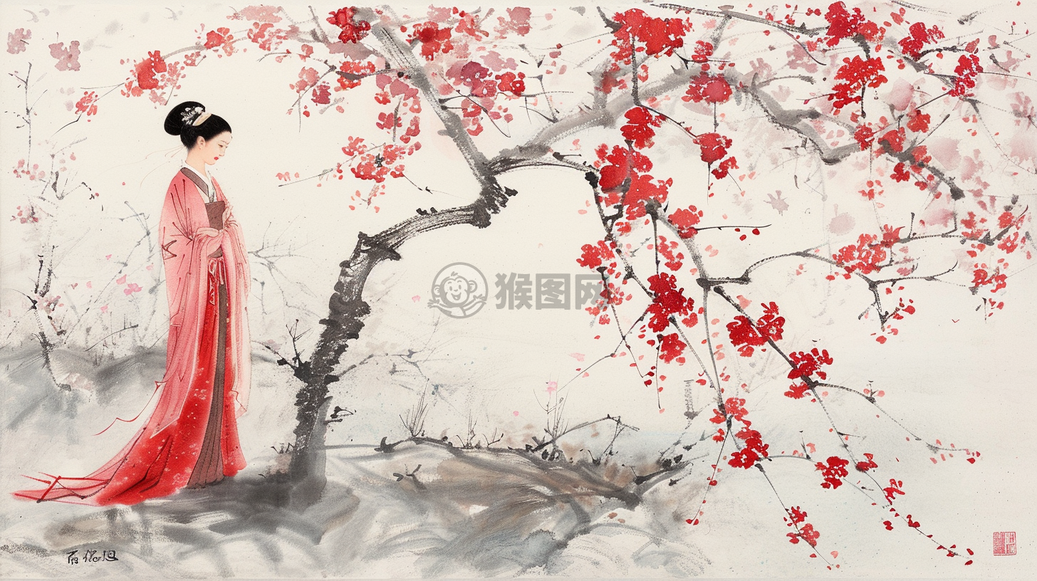 女子花下静美图
