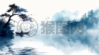 渔夫捕鱼宁静致远的水墨画景象。