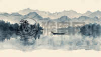 渔夫捕鱼宁静致远的水墨画景象。