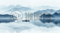 渔夫捕鱼宁静致远的水墨画景象。