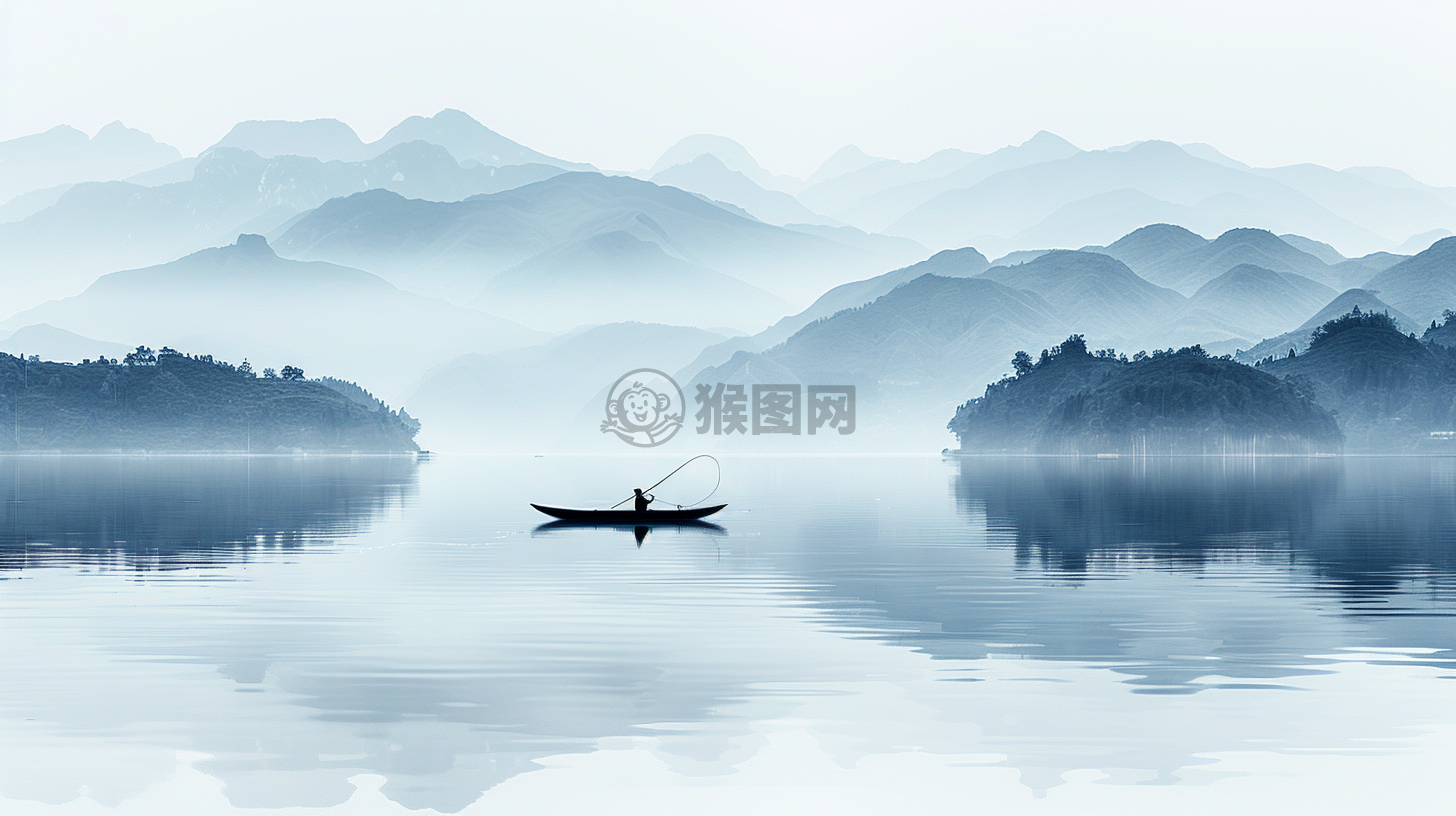 渔夫捕鱼宁静致远的水墨画景象。