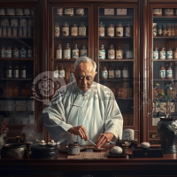 中医馆里高龄医师诊脉，背景古色古香，传统医学博大精深。