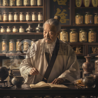 中医馆里高龄医师诊脉，背景古色古香，传统医学博大精深。