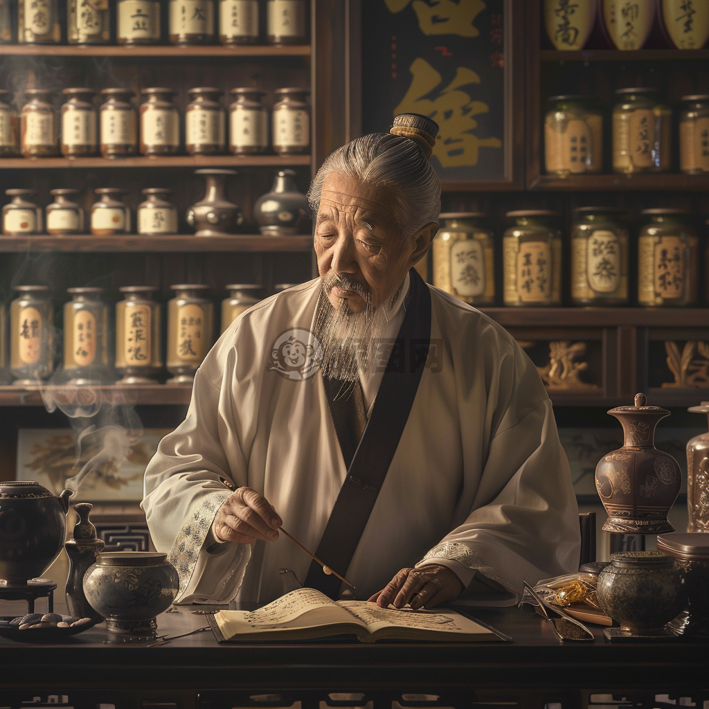 中医馆里高龄医师诊脉，背景古色古香，传统医学博大精深。