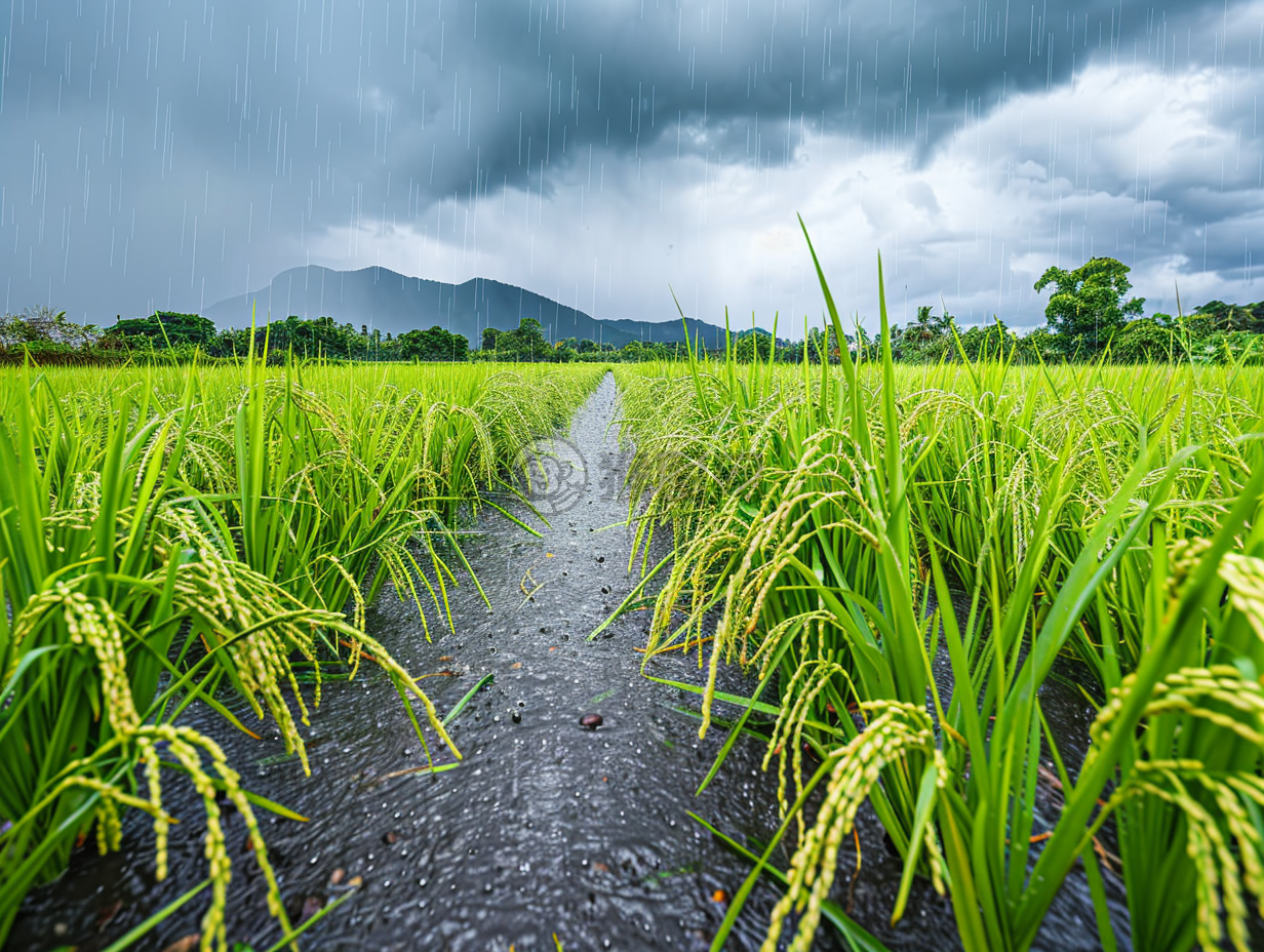 稻田雨中突变之暴风雨景色