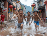 中国儿童夏日清凉戏水，酷暑之中寻清凉