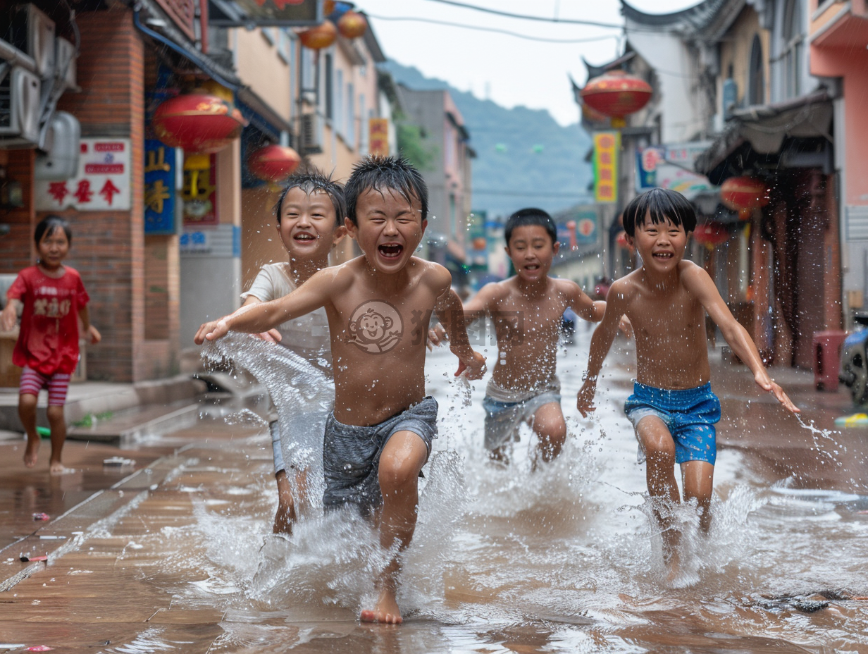 中国儿童夏日清凉戏水，酷暑之中寻清凉
