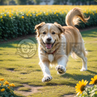 鲜花中奔跑的金毛犬相片