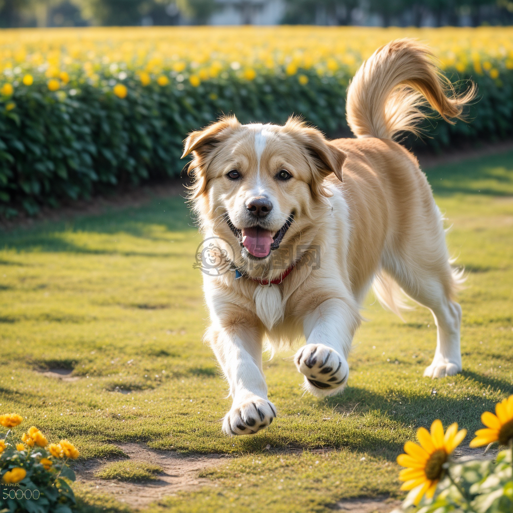 鲜花中奔跑的金毛犬相片