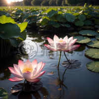 日出荷花池畔金辉洒，静水映照细节美。