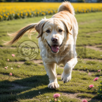 花海中欢快奔跑的金毛犬照片
